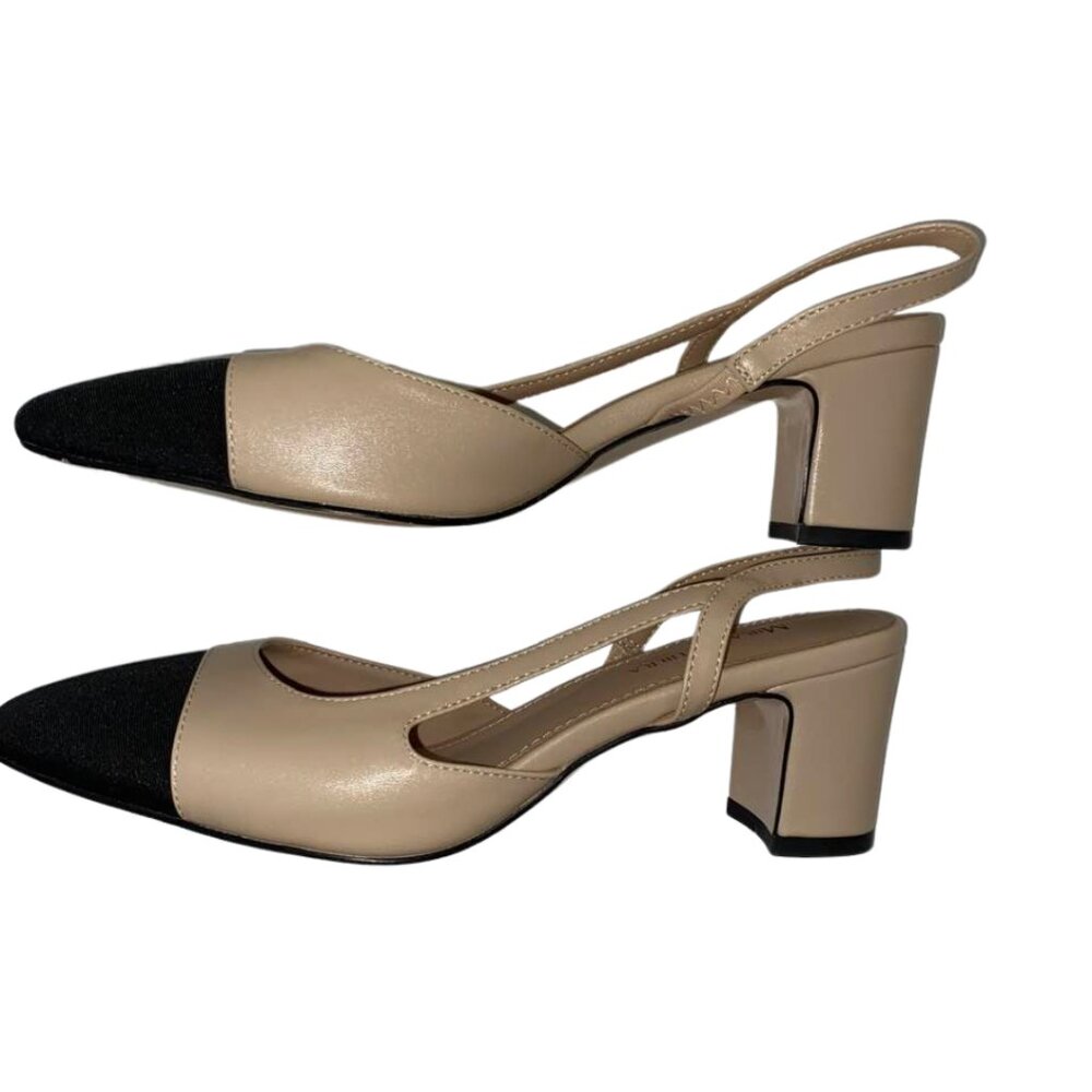 Beige and Black Two-Tone Slingback Block Heel Pumps